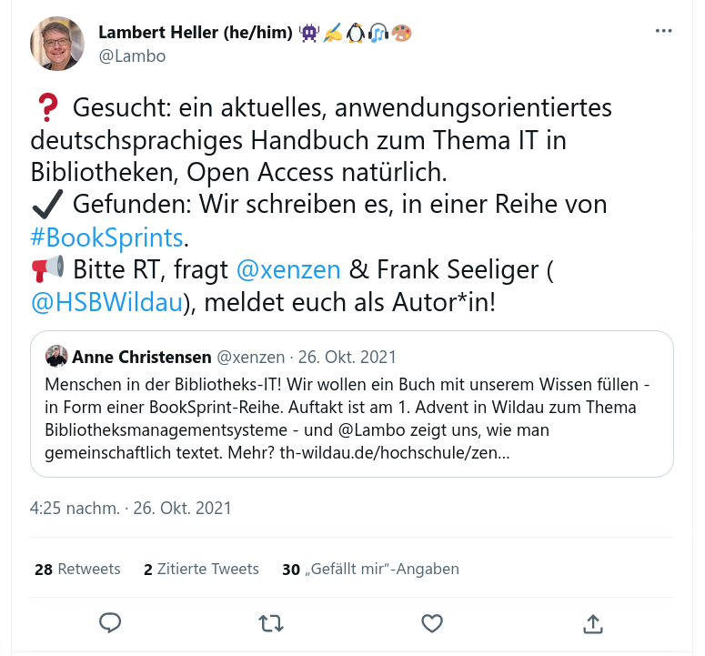 Abbildung 1: Initialer Aufruf zur Teilnahme am Book Sprint auf Twitter